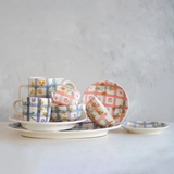 Blue Hand-Painted Grid Pattern & Botanicals Plate