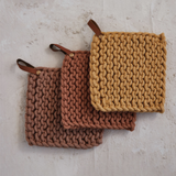 Mustard Crocheted Pot Holder w/ Leather Loop