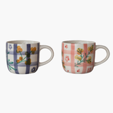 Red Hand-Painted Grid Pattern + Botanicals Mug