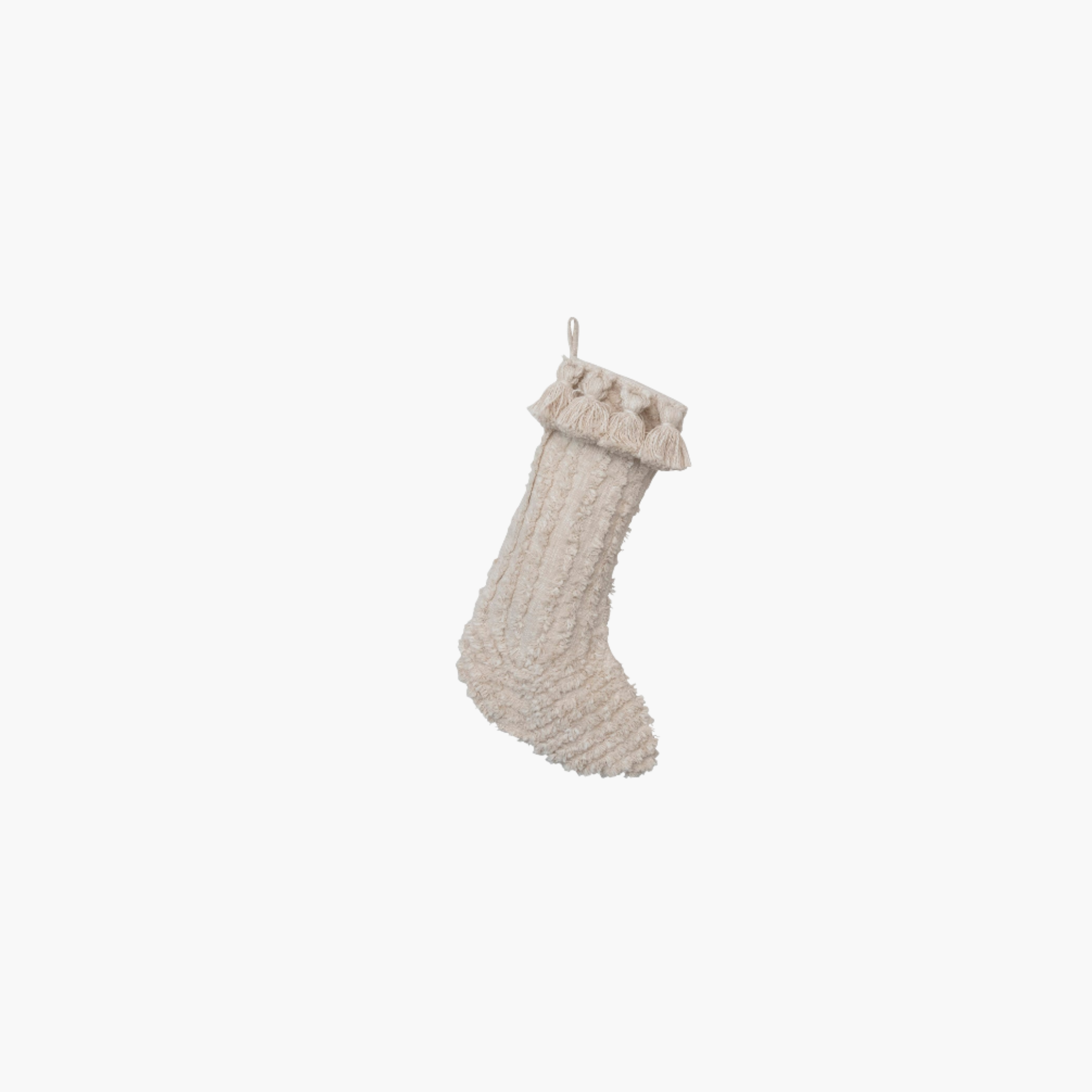 20"H Cotton Slub Stocking with Tufting and Tassels, Cream Color, 2 Styles