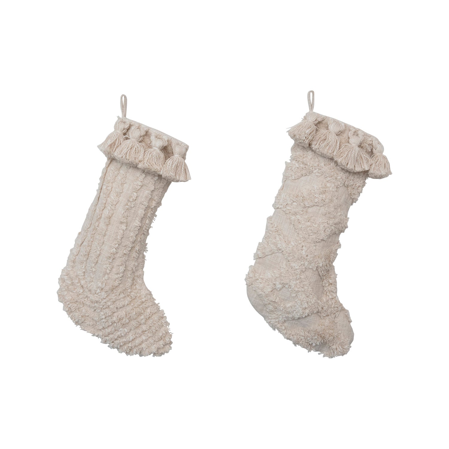 20"H Cotton Slub Stocking with Tufting and Tassels, Cream Color, 2 Styles