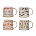 5" Round x 3-3/4"H 16 oz. Hand-Stamped Stoneware Mug with Pattern, 4 Styles