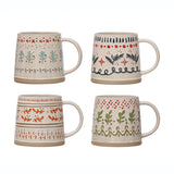 5" Round x 3-3/4"H 16 oz. Hand-Stamped Stoneware Mug with Pattern, 4 Styles