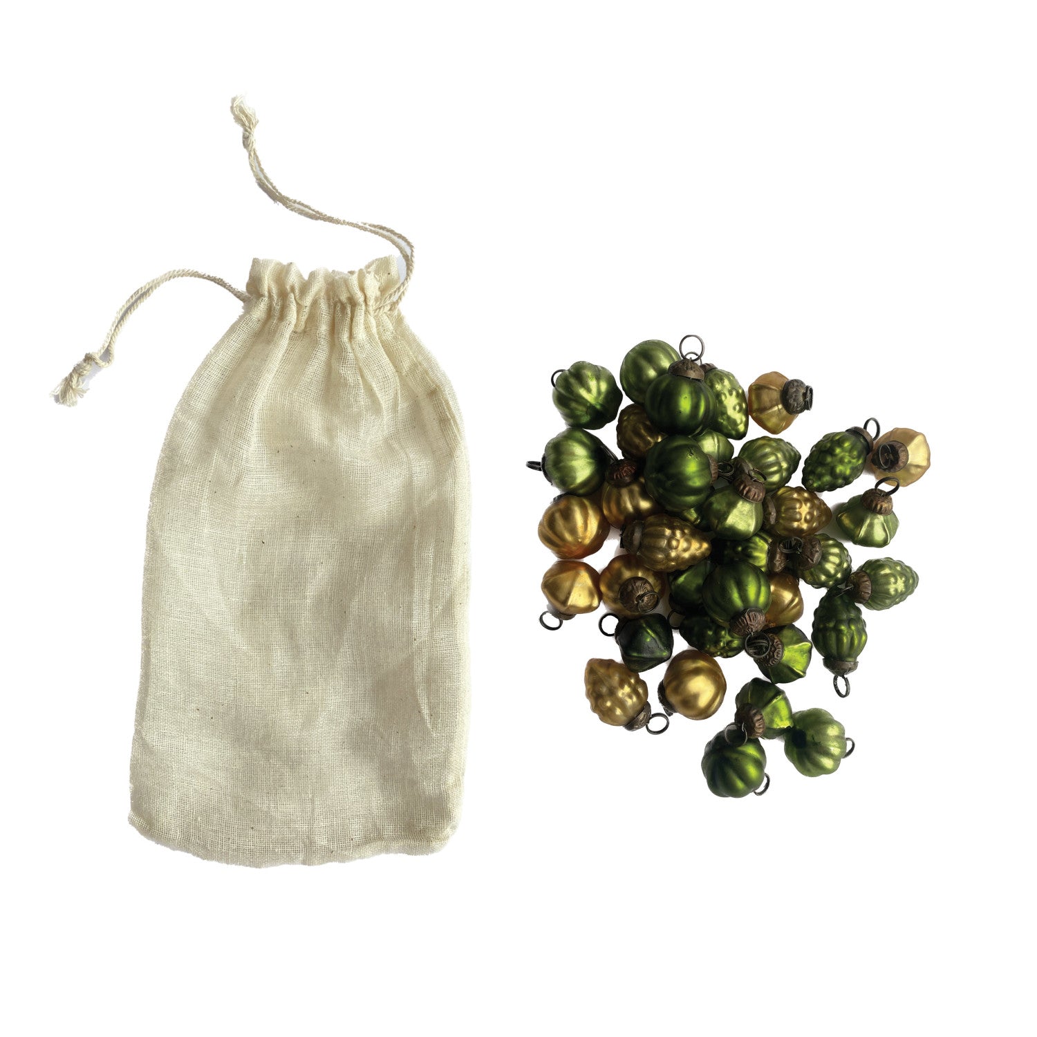 Embossed Recycled Mercury Glass Ornaments in Muslin Bag, Set of 36