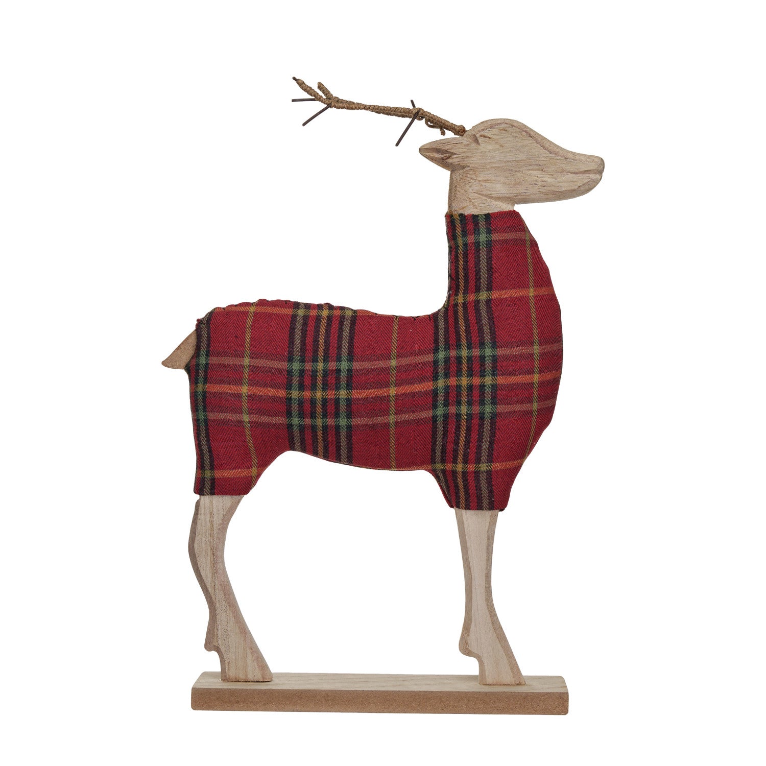 MDF & Fabric Deer w/ Metal Antlers, Wood Finish, Multi Color Plaid
