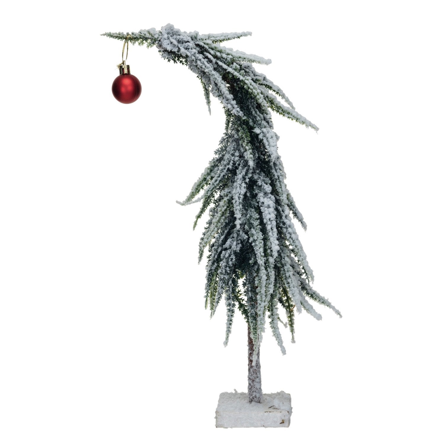 Faux Evergreen Tree w/ Red Ball Ornament & MDF Base, Snow Finish, Green & Red